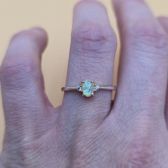 Size 8.25 Gold Over Sterling Silver Small Opal With CZ Accents Ring A5335 - Picture 4 of 9